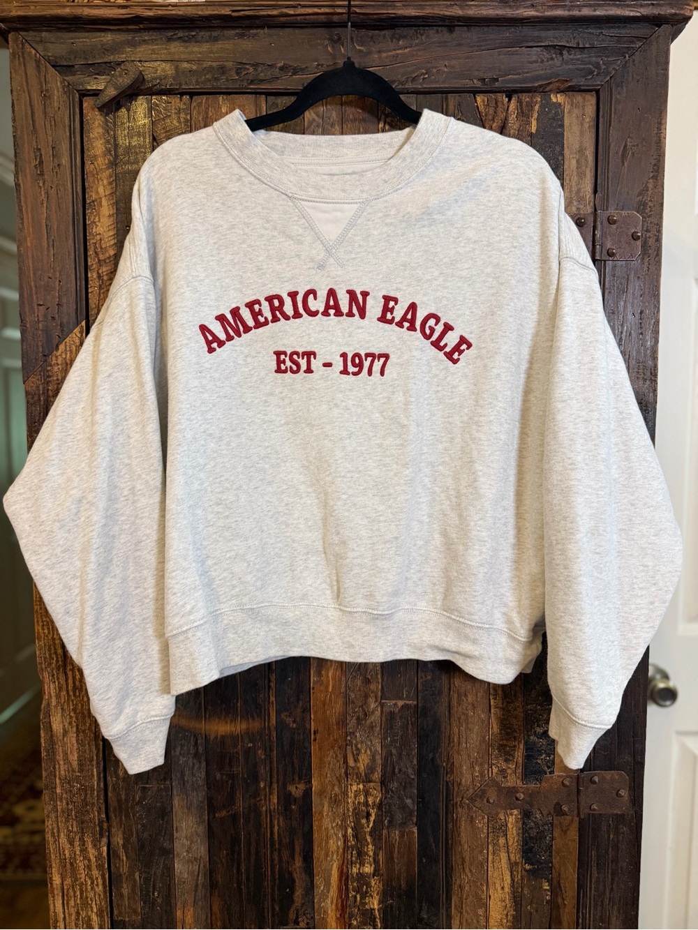 AE Sweatshirt M Gray Red logo Cozy Cropped Crewneck Oversized Collegiate ivy